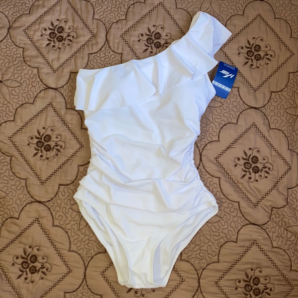 white off the shoulder one piece womens swim suit